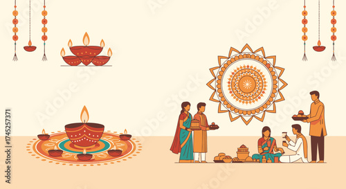 Elegant Diwali Celebration Illustration Featuring Traditional Diyas Lanterns Festive Decor and People Celebrating in Cultural Attire for Diwali Festival of Lights