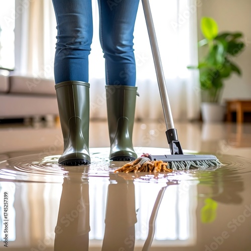 Person in boots cleaning flooded room with mop