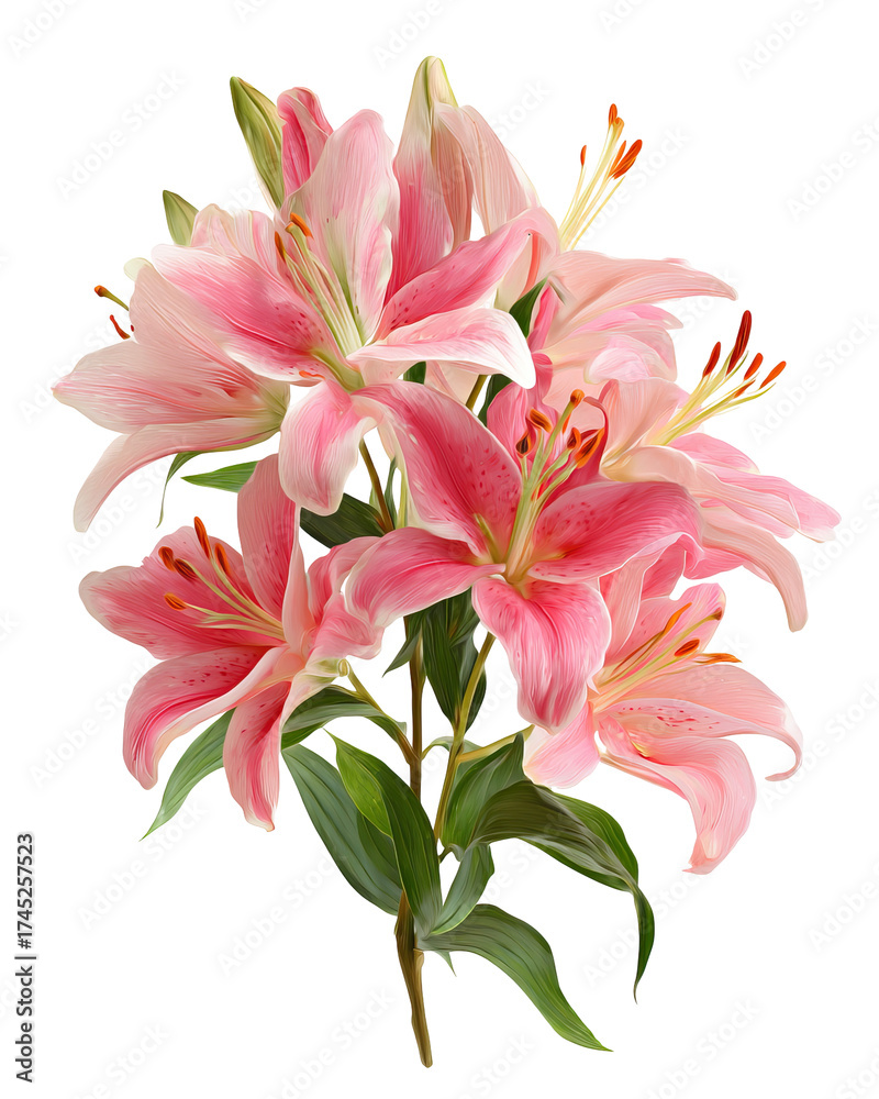 Naklejka premium Bouquet of Pink Lilies with Long Green Leaves in Luxurious Floral Arrangement on Transparent Background