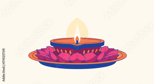 Festive Diwali Diya Candle Burning on Traditional Lotus Flower Tray for Celebration, Cultural Festival, Deepavali, Indian Rituals and Spiritual Lighting during Autumn Season