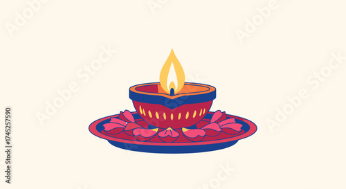 Festive Traditional Diya Lamp with Bright Orange Flame on Decorative Plate for Diwali Celebration, Hindu Festival of Lights, Worship, and Spirituality, Deepam Candle for Cultural Events