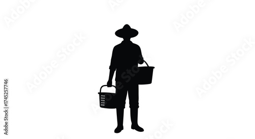 Silhouette of a person with a hat and two baskets