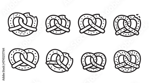 Set of eight stylized pretzel icons isolated on for culinary design vector
