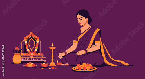 Traditional Hindu Woman Offering Prayers in a Sacred Ritual Setup with Diwali Diyas and Decorations Celebrating Cultural Heritage and Spiritual Devotion in a Festive Atmosphere