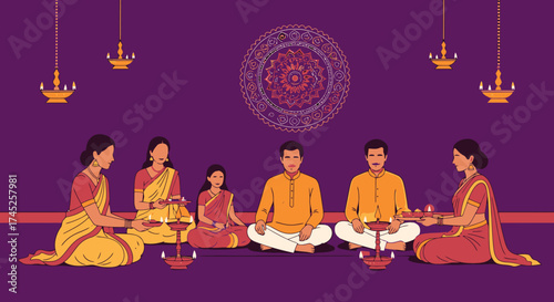 Traditional Indian Cultural Celebration Scene with Men and Women in Bright Sarees and Kurta Pajamas Performing Rituals, Sacred Fire, Decorative Mandala Backdrop, and Festive Atmosphere for Wedding or