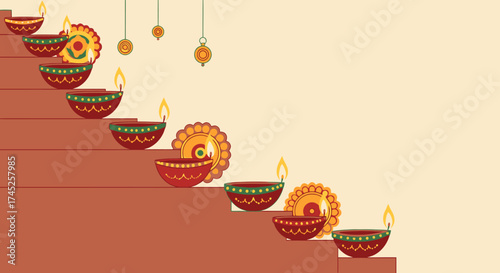 Traditional Indian Diwali Celebration with Earthen Lamps and Artistic Rangoli Design for Festival, Cultural Event, and Religious Festivity, Bright Colors, and Spiritual Atmosphere