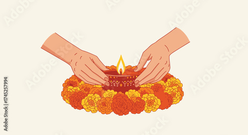 Traditional Indian Diwali Diya Lighting Ceremony with Decorative Oil Lamp Surrounded by Marigold Flowers for Festival Celebration, Cultural Rituals, and Religious Worship