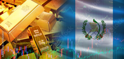 Gold bars stacked on Guatemalan flag. Guatemala gold reserves, Concept