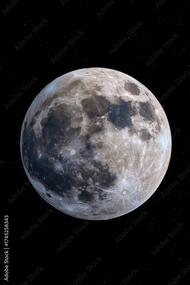 Obraz premium vertical photo bright full moon illuminates dark night sky, revealing its surface details and craters. Spectacular and captivating, scene highlights beauty of lunar features