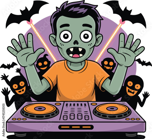 Cartoon zombie dj playing music with spooky friends and bats