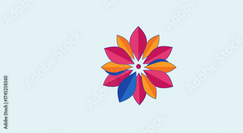 Vibrant Multicolored Floral Symbol Design Featuring Bright Pink Orange and Blue Petals for Creative, Artistic, and Decorative Use in Modern Branding, Logo, or Pattern Creation