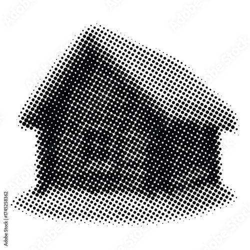 Halftone dot art of a house with chimney and windows in black and white