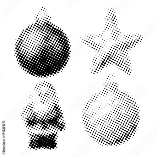 Halftone christmas icons: ornament, star, santa, bauble in black and white