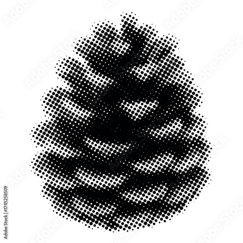 Halftone pine cone illustration in black and white with unique dot design