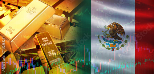 Gold bars stacked on Mexican flag. Mexico gold reserves, Concept