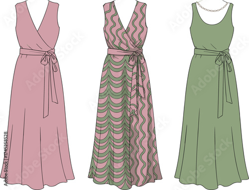 Elegant sleeveless dresses, fashion illustration, pink and green garments, flat vector style, CAD drawing, accessories, wrap bodice, floor length, stylish neckline, trendy outfit