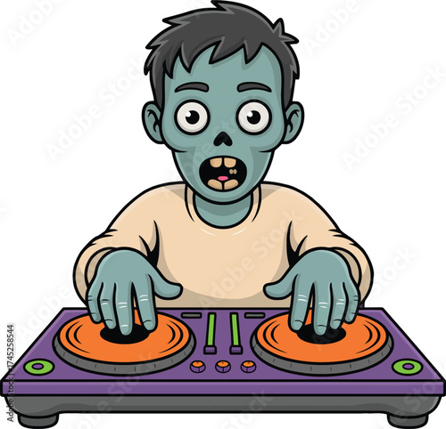 Cartoon zombie dj playing music on turntables at a party