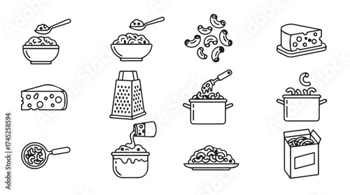 Set of hand-drawn food icons featuring cheese pasta and ingredients for cooking vector