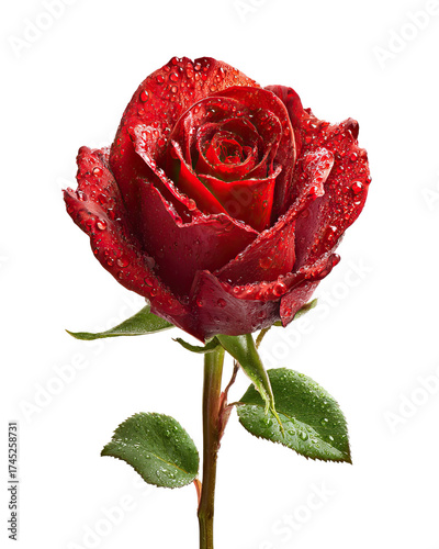 Romantic Single Red Rose with Fresh Stem and Leaves on Transparent Background