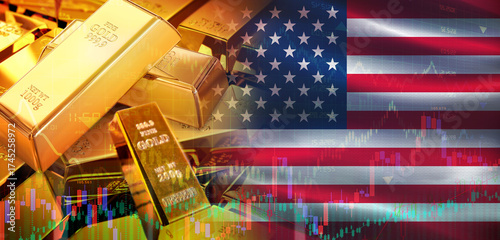 Gold bars stacked on American flag. United States gold reserves, Concept