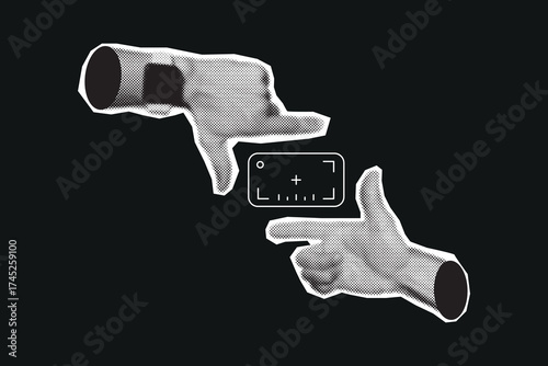 Halftone pop art collage showing hands framing a shot, symbolizing creative vision, composition, and cinematography. Concept of directing, visual storytelling