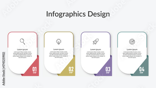 Four-step infographic template with bright color blocks and icons for search, idea, launch, and target. Ideal for project workflow, marketing strategy, business reports, and presentation visuals.