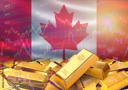Gold bars on Canada flag in background. Gold bars stacked on Canadian flag. Concept of Canada gold reserves