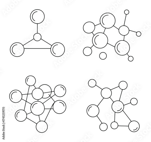 Abstract molecular structures and network diagrams in black and white isolated on white background showcasing interconnected nodes and lines representing scientific or data relationships