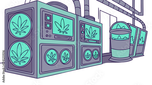 Cannabis Production Line: A modern illustration depicts a cannabis production line. This artistic piece showcases the intricate process, from cultivation to final product.