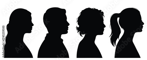Four distinct silhouetted profiles two women and two men presented in a classic black and white artistic style isolated on white background