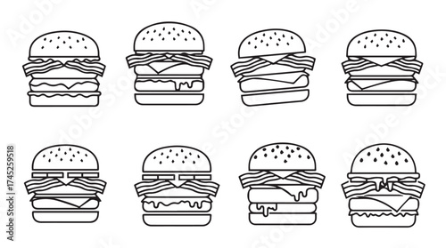 Set of delicious hand drawn line art burgers featuring various toppings and buns vector