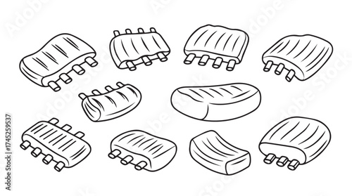 Hand drawn set of grilled ribs meat cut collection bbq food ingredients sketch style vector