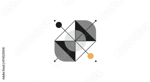 Geometric abstraction with intersecting lines circles and varying shades of gray