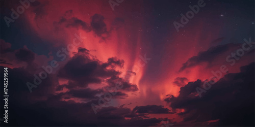 Dramatic fire-red and orange sunset illuminates the vast cloudscape at dusk, painting a beautiful sky of nature