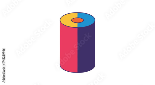 Isometric illustration of a cylindrical object with colorful segmented design