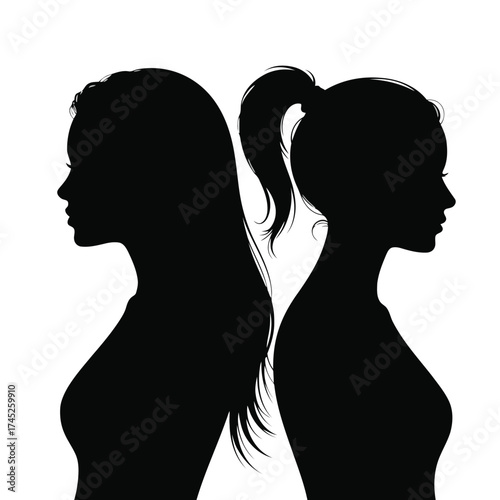Two stylized black female silhouettes facing away from each other representing a moment of separation or contemplation isolated on white background