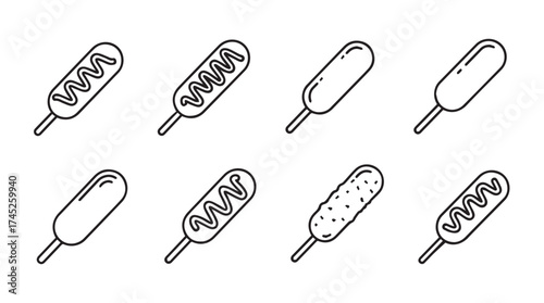 Collection of delicious corn dog icons and simple line art graphics food vector