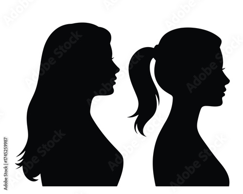 Two female silhouettes in profile one with long flowing hair and the other with a neat ponytail presented as a clean graphic design isolated on white background