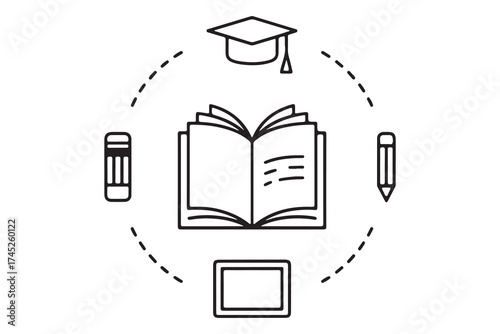 Education concept book, graduation cap, pencil, tablet and eraser