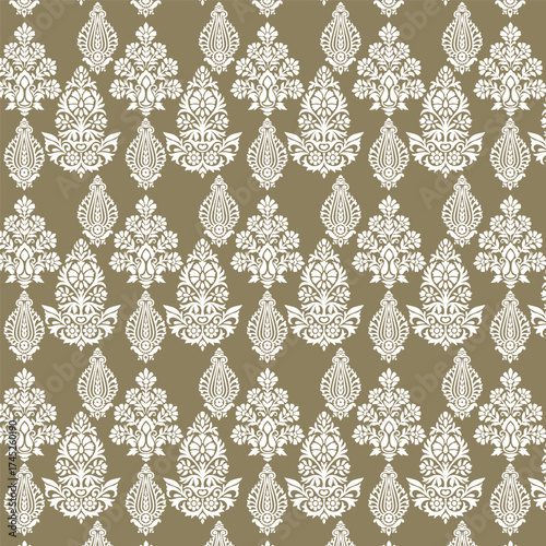 Stylish white damask pattern on an olive background, blending classic charm with modern sophistication. Perfect for textiles, wallpapers, fashion prints, and elegant decorative backgrounds