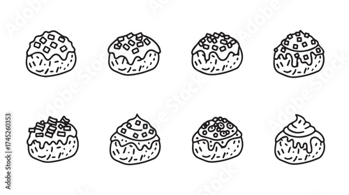 Hand drawn sweet desserts collection featuring cream puffs and pastries line art icons vector