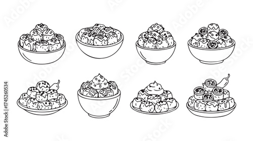 Set of hand drawn desserts in bowls delicious sweet treats variety sketch style vector