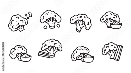 Hand drawn broccoli florets with food elements collection for healthy eating concepts vector