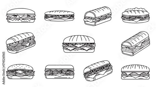 Hand drawn delicious sandwiches and subs collection featuring various fillings and breads variety vector