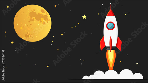 Rocket Flying to the Moon Vector Illustration of Innovation