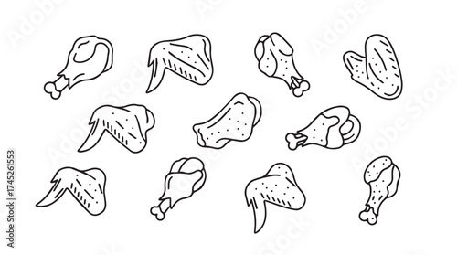 Assorted hand-drawn chicken wing pieces isolated food elements for culinary designs vector
