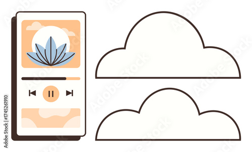 Music app interface with play button, lotus flower, abstract sunset and clouds. Ideal for mindfulness, meditation, relaxation, nature, creativity music mood-enhancing contexts. Simple flat metaphor