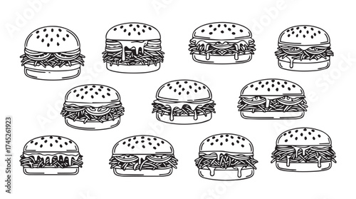 Delicious burger collection assortment various styles fast food meal icons set vector