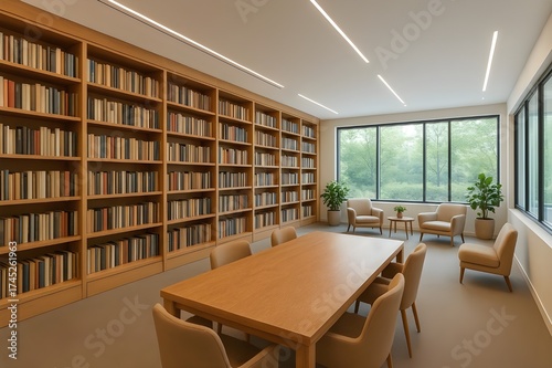 A modern library interior design with neatly organized bookshelves