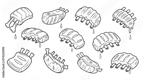 Collection of hand drawn pork ribs delicious meat cuts sketch style food ingredients for culinary design vector